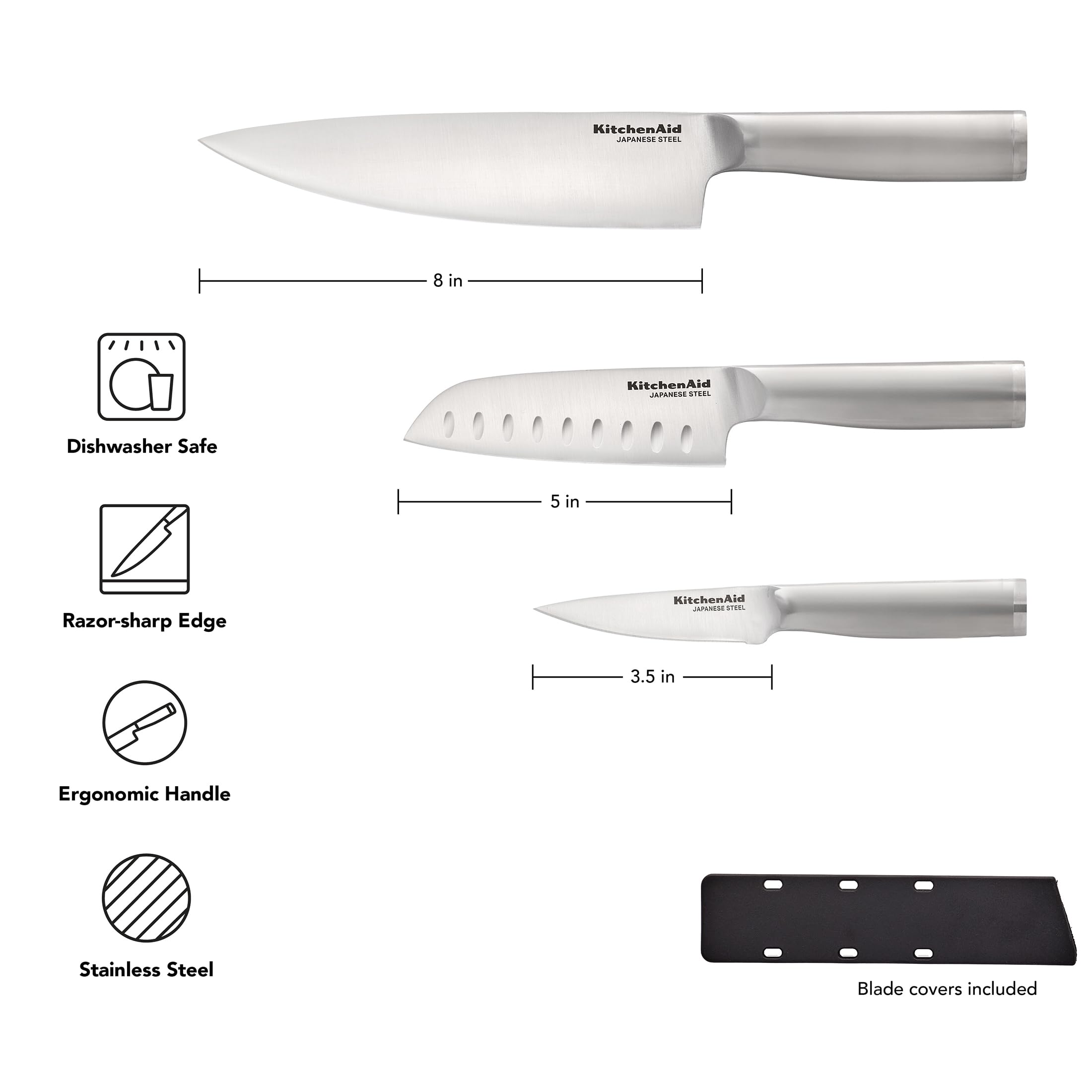 KitchenAid 3 Piece Forged Chef Knife Set High Carbon Japanese Steel, Includes 8 Inch Chef Knife, 5 Inch Santoku Knife, and 3.5 Inch Paring Knife with Blade Covers - Image 6
