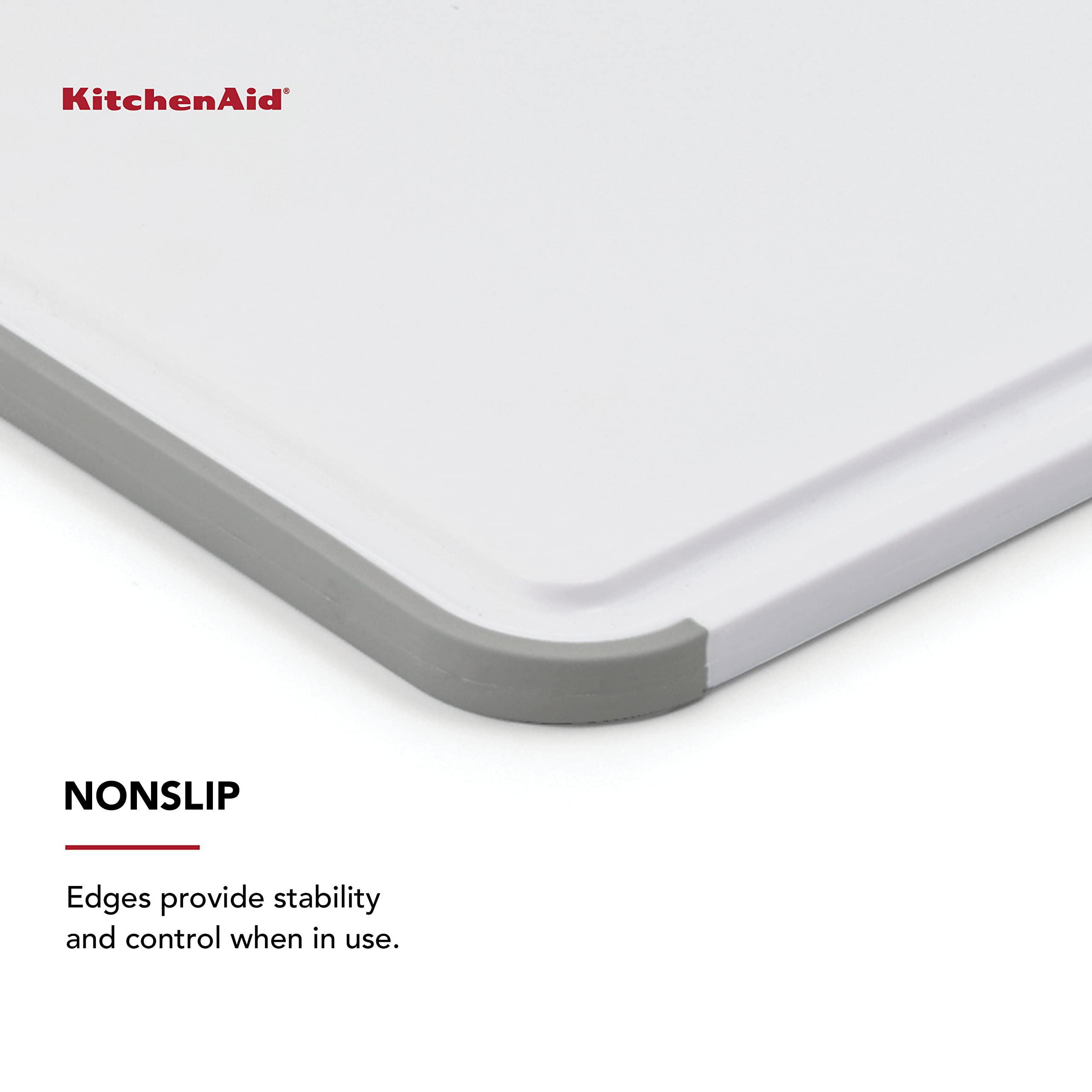 KitchenAid Classic Nonslip 2-Piece Plastic Cutting Board Set with Perimeter Trench and Non Slip Edges, 2-Piece Kitchen Chopping Boards, Dishwasher-Safe, White and Gray - Image 3