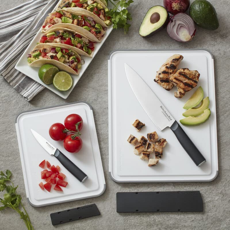 KitchenAid Classic Nonslip 2-Piece Plastic Cutting Board Set with Perimeter Trench and Non Slip Edges, 2-Piece Kitchen Chopping Boards, Dishwasher-Safe, White and Gray - Image 7