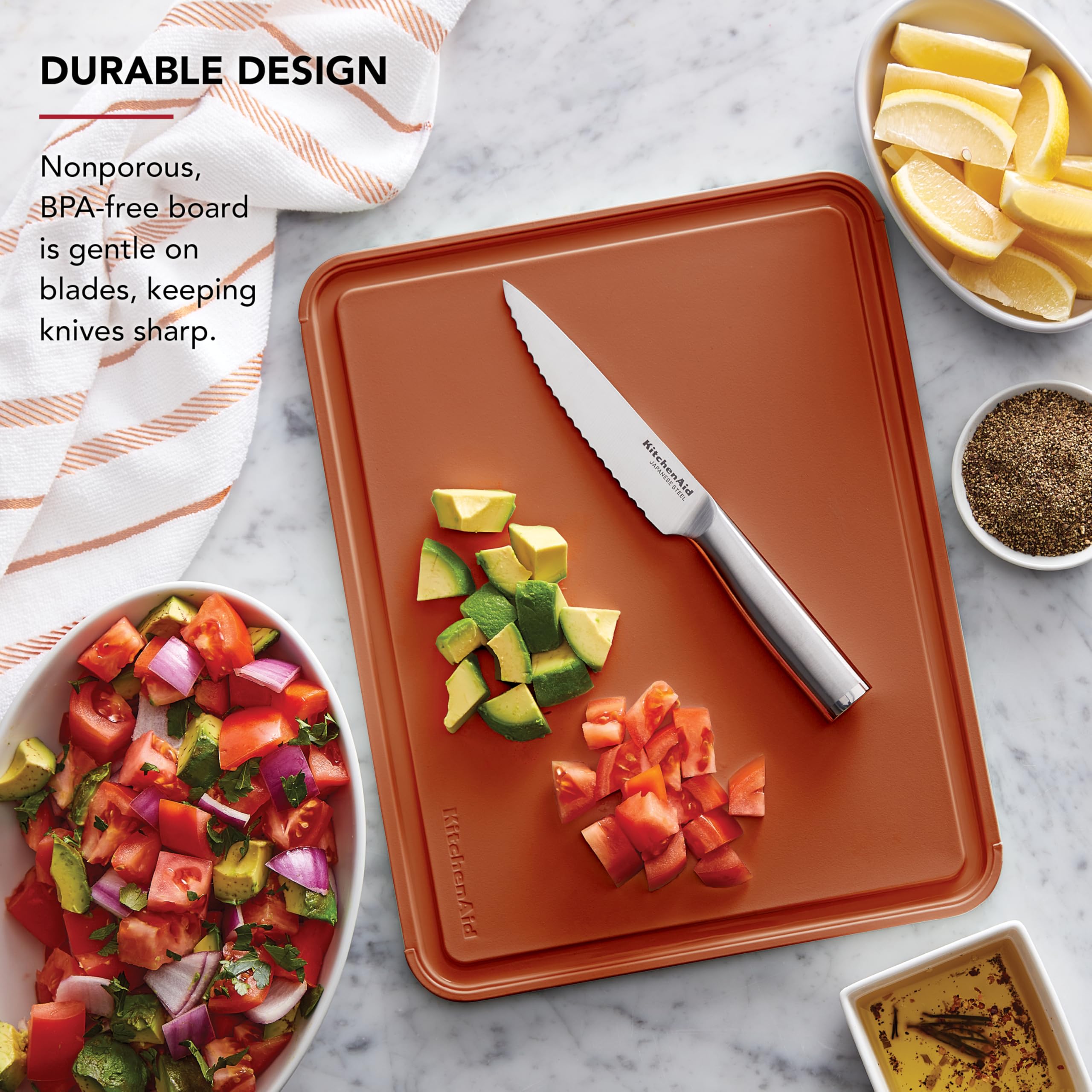 KitchenAid Classic Plastic Cutting Board with Perimeter Trench and Non Slip Edges, Dishwasher Safe, 11 x 14 inch, Scorched Orange - Image 4