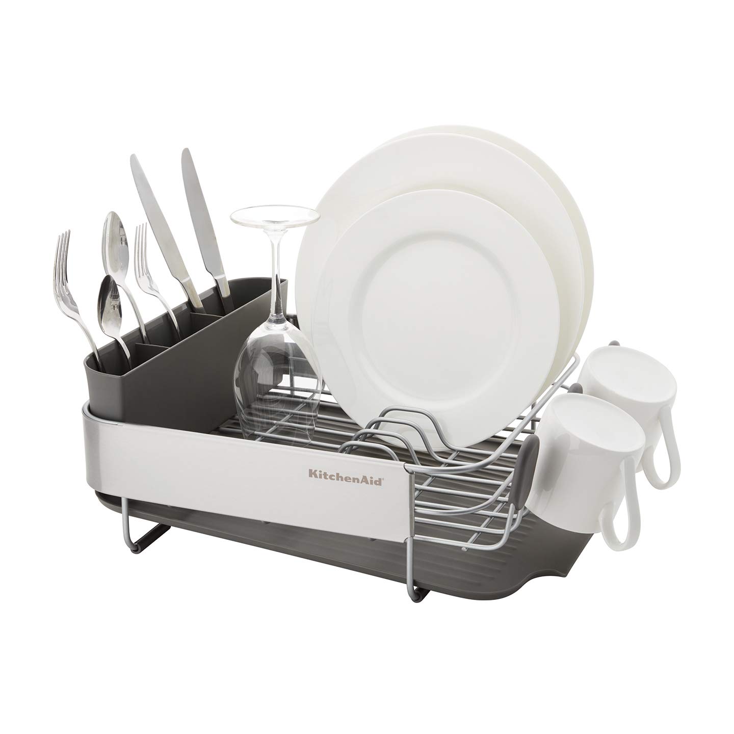 KitchenAid Compact, Space Saving Rust Resistant Dish Rack, with Angled Self Draining Drain Board and Removable Flatware Caddy, 16.06-Inch, Gray - Image 4