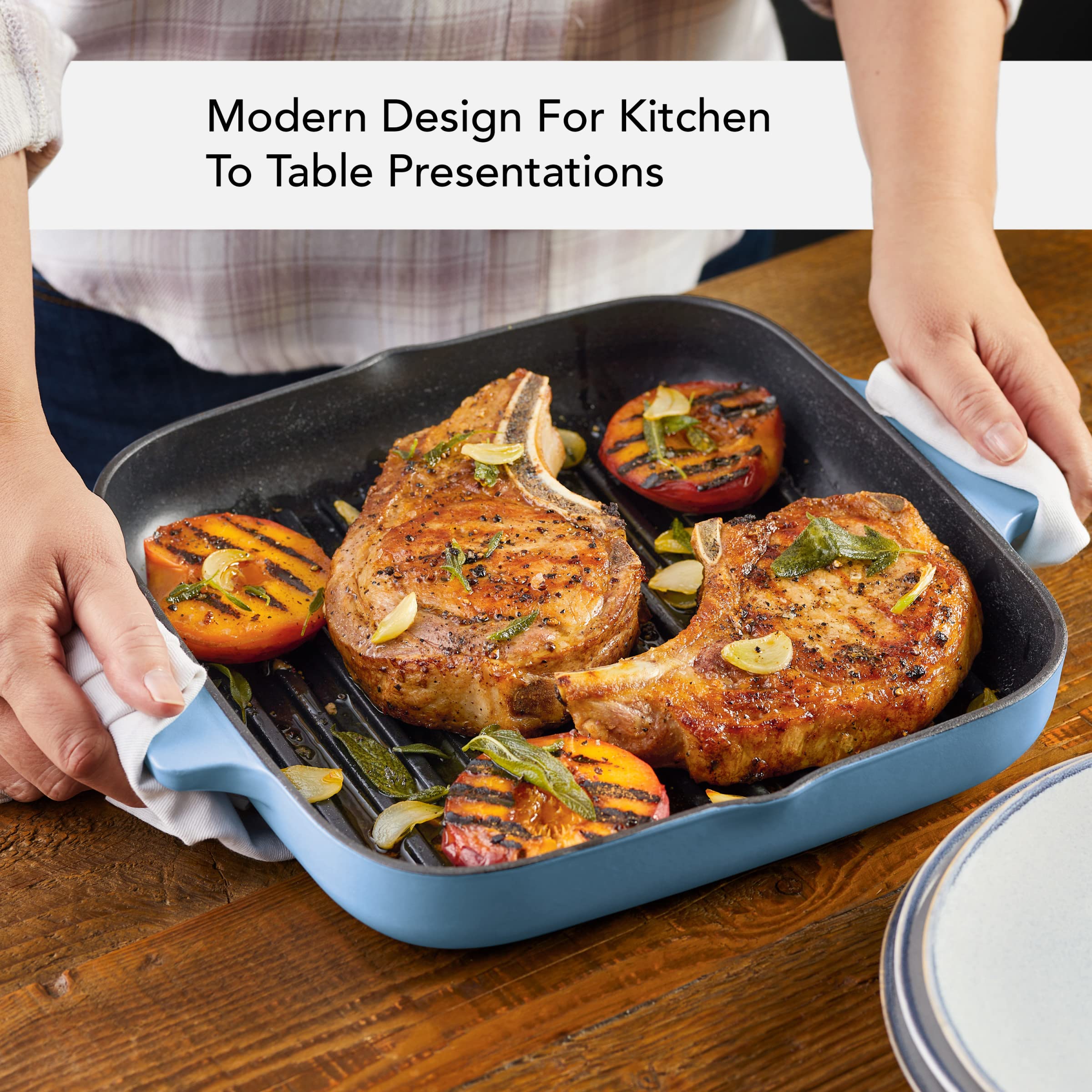 KitchenAid Enameled Cast Iron Square Grill and Roasting Pan, 11 Inch - Blue Velvet - Image 6
