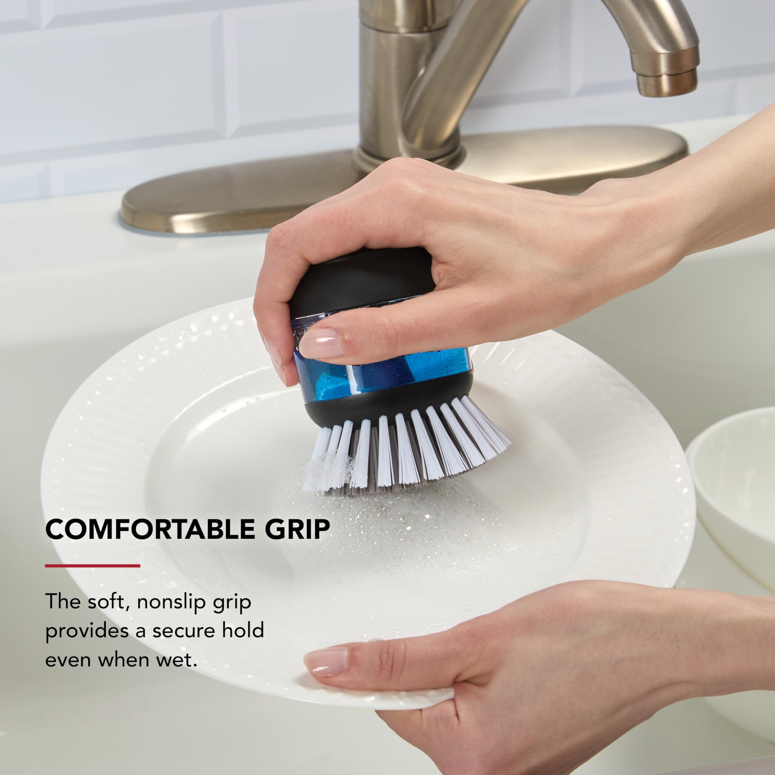 KitchenAid Soap Dispensing Palm Brush with Built in Easy to Fill Soap Dispenser, Non Slip Grip for Easy Cleaning, Safe on Non Stick Cookware, 2.95 x 2.17 x 3.54 inches, Black - Image 5