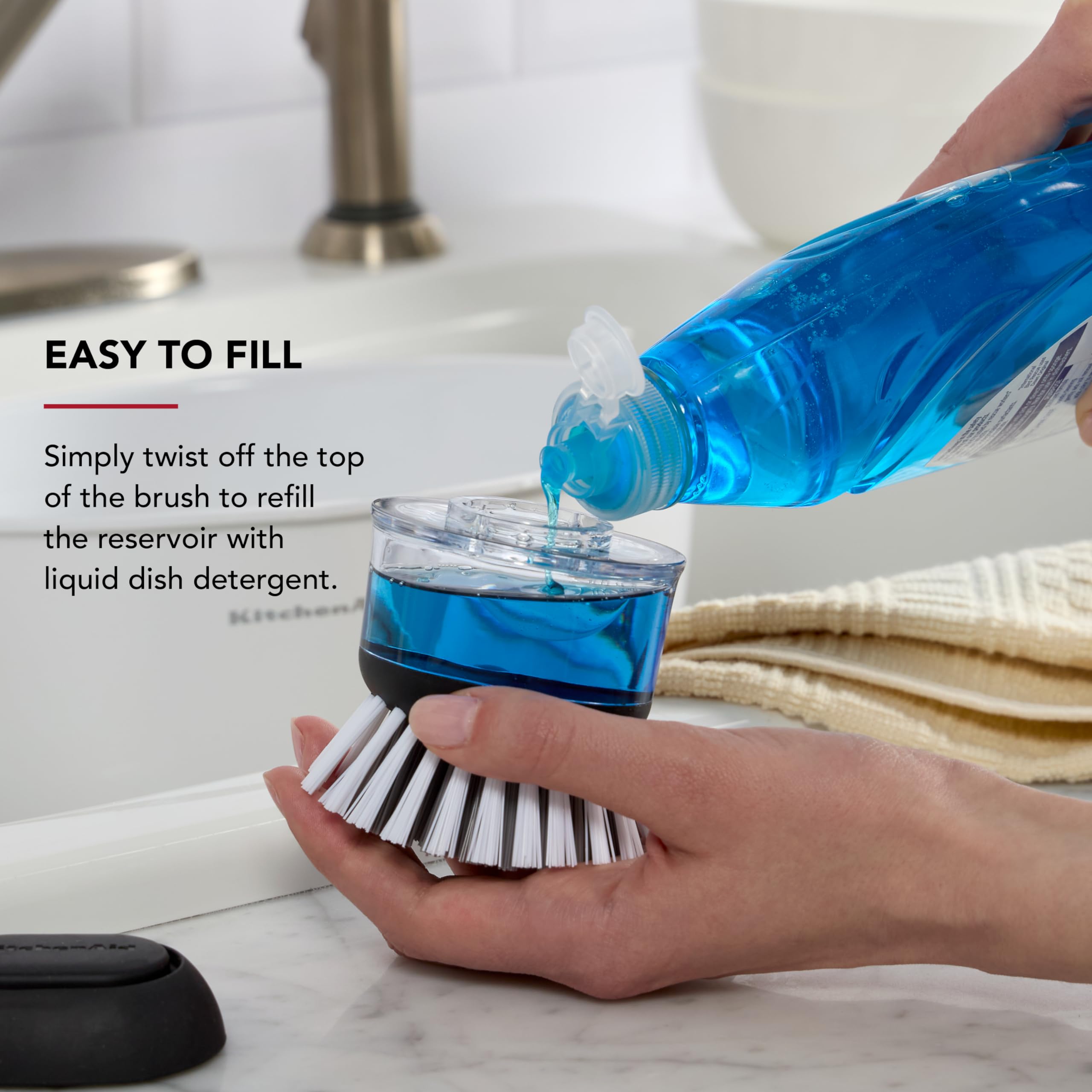 KitchenAid Soap Dispensing Palm Brush with Built in Easy to Fill Soap Dispenser, Non Slip Grip for Easy Cleaning, Safe on Non Stick Cookware, 2.95 x 2.17 x 3.54 inches, Black - Image 6